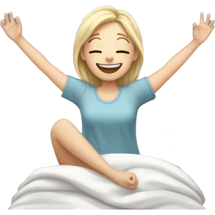 Happy pale girl wakes up in bed and stretches hands up in the air  emoji