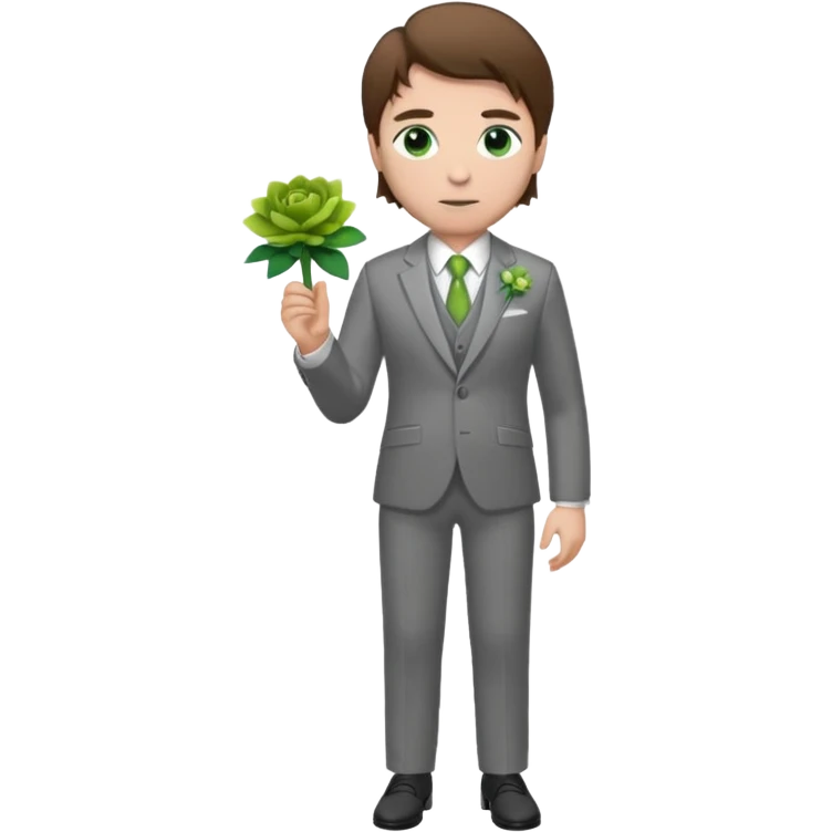 Chico blanco, pelo castaño, ojos verdes, traje boda gris y flor solapa , cuerpo entero emoji