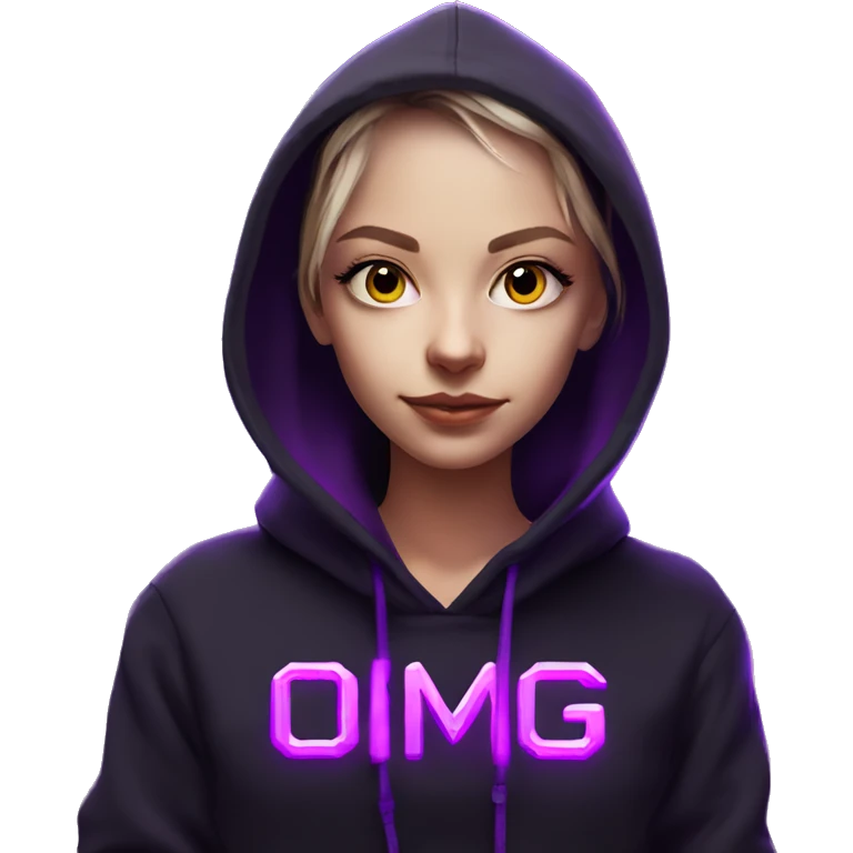 Russian girl wearing black hoody with violet letters "OMG", in vr headset. Cyberpunk style. Violet neon. emoji
