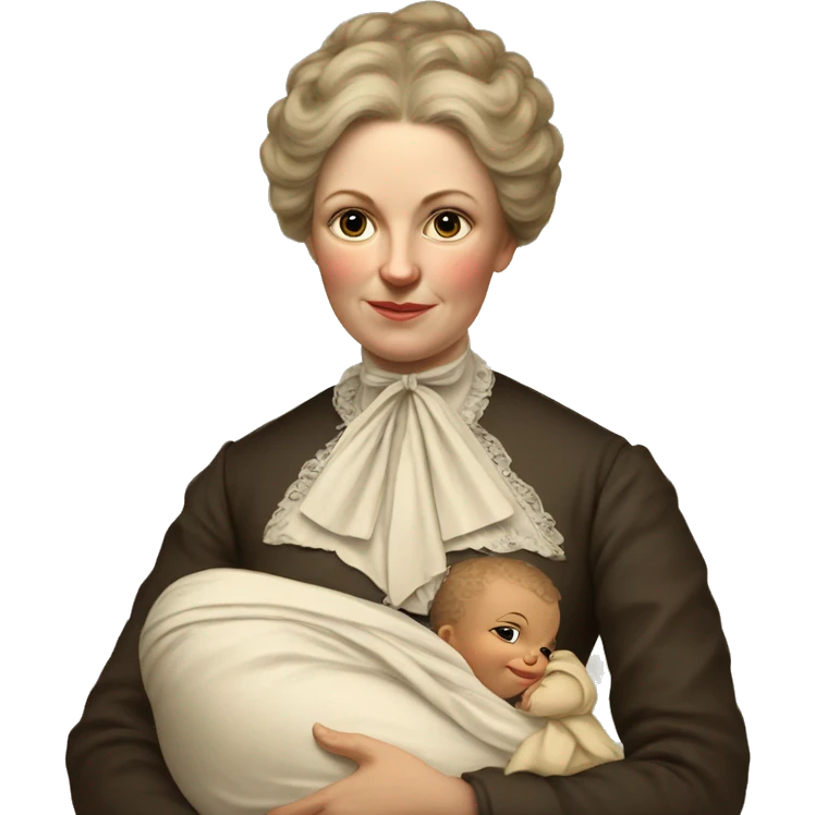 A 19th century white woman with a baby in her arms. There is a big letter "A" on the dress emoji