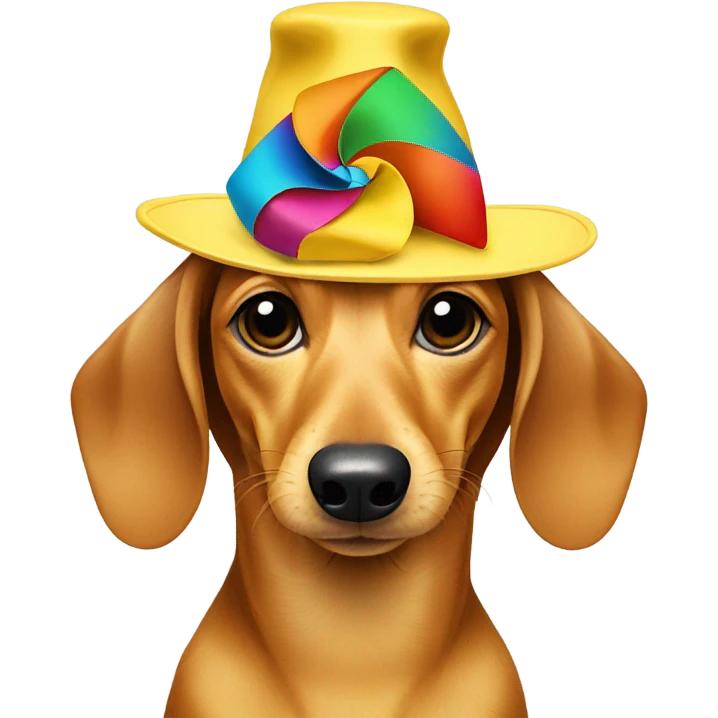 Yellow dachshund in multi color hat with pinwheel emoji