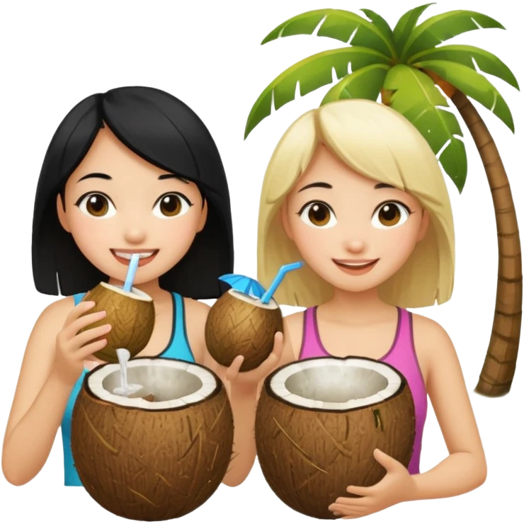 Two girls drinking out of a coconut one is Asian with black hair the other is white with blonde hair  emoji