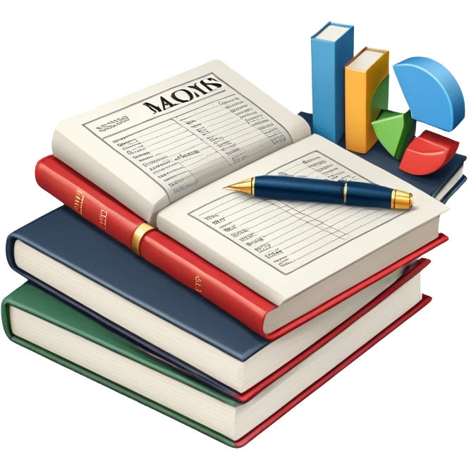 Icon for Business Reading: an open book with graphs, numbers, percentages, formulas, and text on the pages, next to a stack of books, a pile of dollars, a calculator, a pen, and business magazines like Forbes. Transparent background. emoji