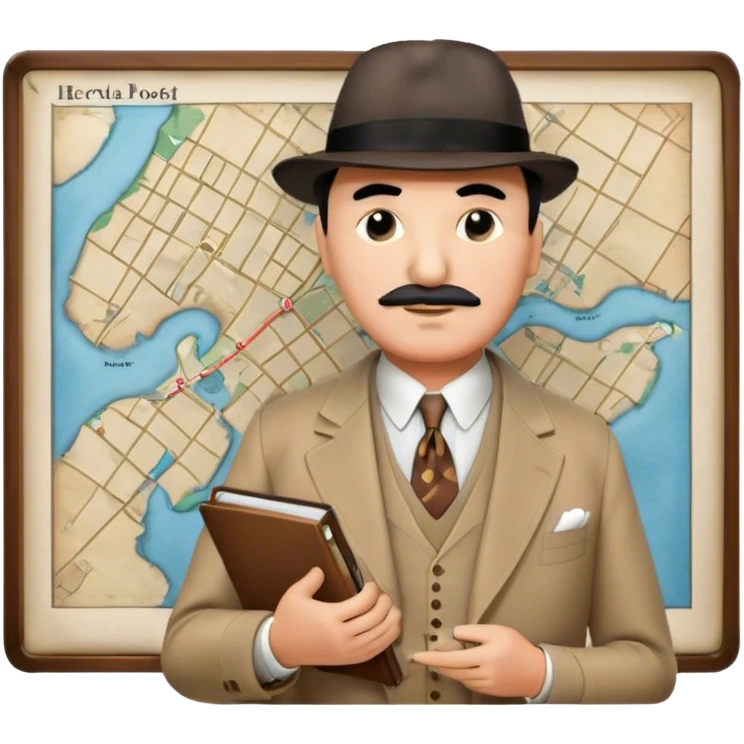 A cinematic-style frame showing Hercule Poirot in his iconic suit with a notebook in a dramatic detective pose. Background should be mysterious city, map, a board with photos of suspects, clues like fingerprints. Transparent background. emoji