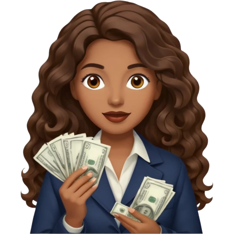 She has long, brown hair styled in soft wavy curls with a middle part. She has well-shaped eyebrows and dark brown eyes. She is wearing light makeup that highlights her natural beauty and is offering a slight smile to the camera. She is surprise when it comes to money emoji