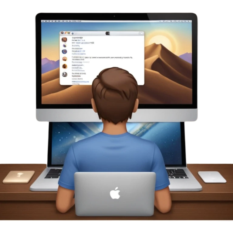 A man seen from behind, with detailed, well-lit hair. He is sitting in front of an open MacBook on a desk. On the MacBook screen, the Instagram logo is clearly visible and glowing.  emoji