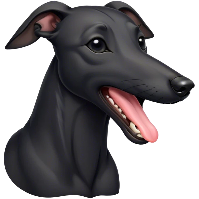 Cinematic Cute Yawning Black Greyhound Portrait Emoji, Head tilted slightly with a dramatic, wide-open yawn, showcasing a sleek black Fur with a polished finish, floppy ears slightly drooping, round dark eyes barely open in drowsy contentment, Simplified yet irresistibly adorable features, highly detailed, glowing with a soft, cozy glow, high shine, relaxed yet expressive, stylized with a touch of whimsy, bright and endearing, soft glowing outline, capturing the essence of a sleepy yet affectionate racer, so drowsy it feels like it could stretch out of the screen and curl up for a nap! emoji