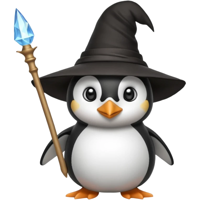 A penguin wizard with a pointy hat and a magic wand emoji