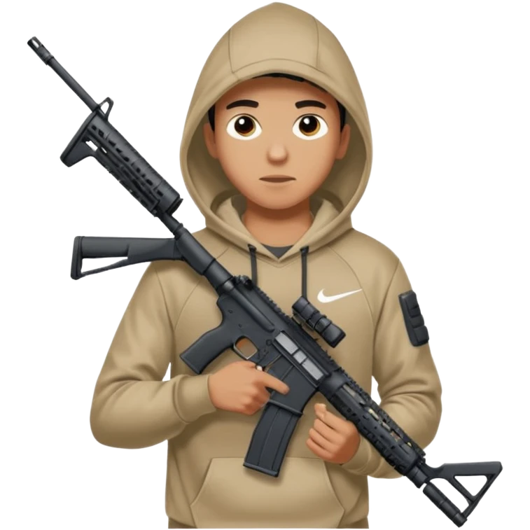 
Fais moi un jeune taliban qui ressemble qui tient une AR15 avec un hoodie a capuche, capuché, avec la cagoule nike therma fit hood emoji