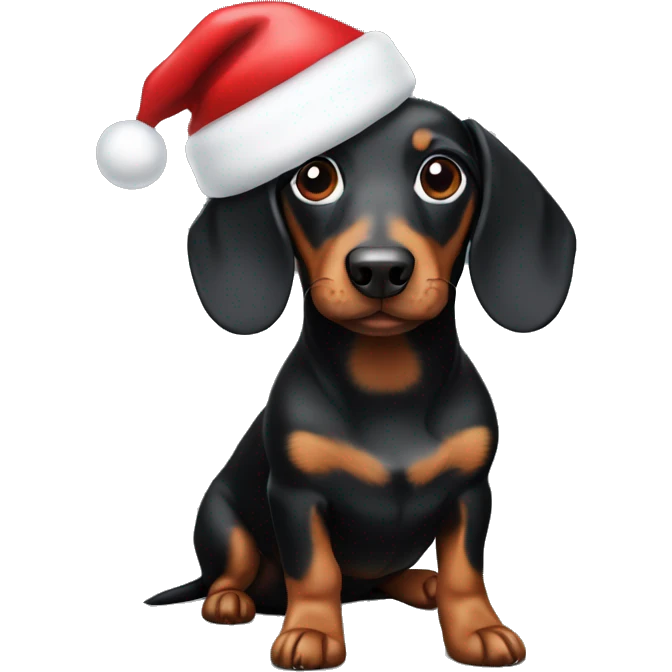 Black and tan Sausage dog wearing Santa hat emoji