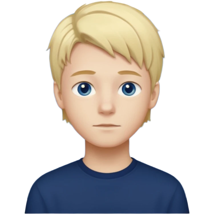 A portrait of a 14-year-old boy, he's got fair blond and yellowish ivy league hair, fair skin and blue eyes. he's wearing a dark blue longsleeve. he's calm. emoji