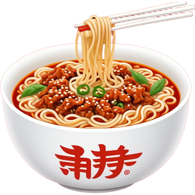 Chengdu Dan Dan Noodles with minced pork and chili oil, simplified emoji style with bold outlines and bright colors, cartoon style Sichuan street food in bowl emoji