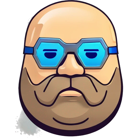 Bearded Fat bald cyborg head with tan skin, blue goggles and circuits emoji