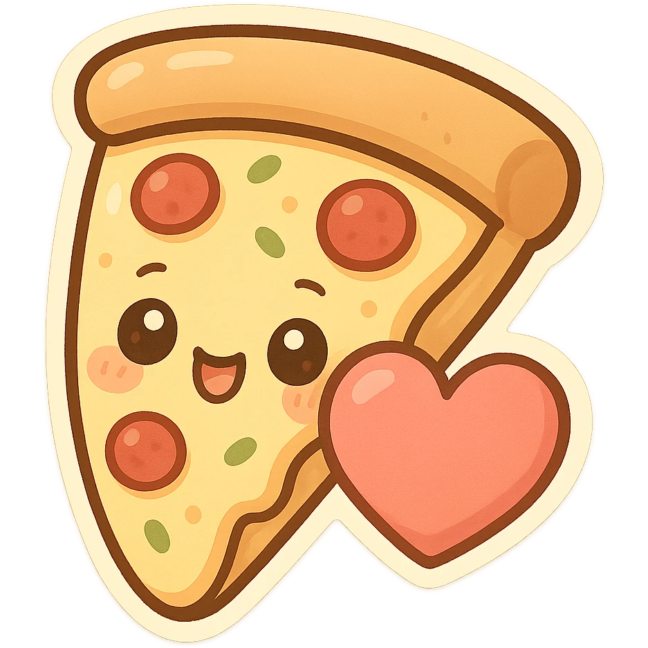 chibi sticker-style slice of pizza with a big heart, cute and exaggerated emoji