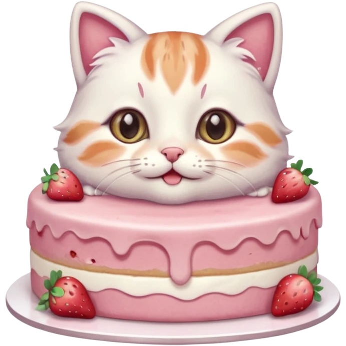 A cute cat happily eating a slice of strawberry cake, pastel color palette, soft shading, big sparkling eyes, kawaii style, highly detailed digital illustration, cozy atmosphere
, emoji