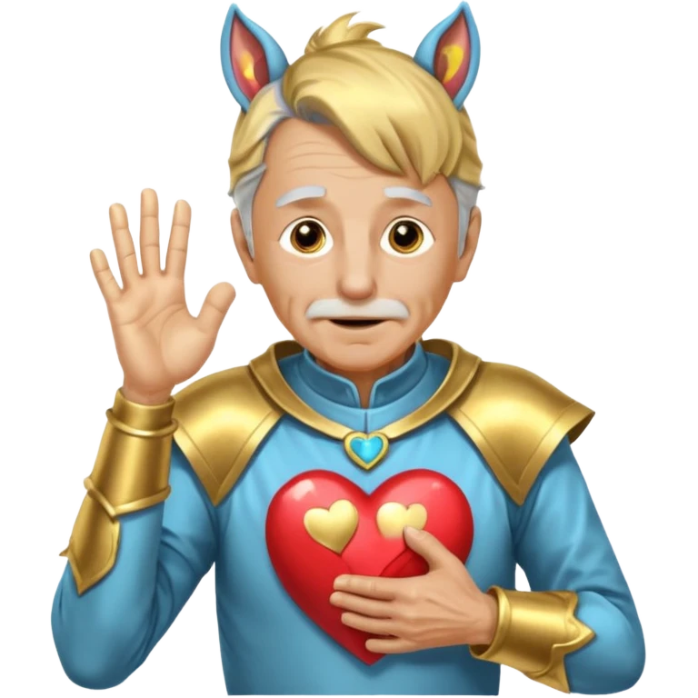 An elderly man with golden skin, his body shining like polished metal, wearing a horse cosplay costume with horse ears and a tail. He is making a heart shape with his hands and blushing slightly, showing a shy and embarrassed expression. emoji