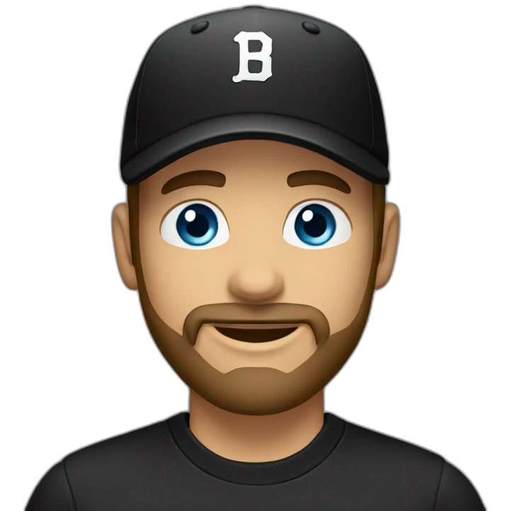 Blue eyes man with beard wearing a black t-shirt & black baseball cap  emoji