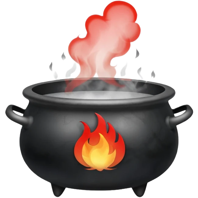A black cauldron with lot of smoke rising, and the white YouTube play button logo floating above the smoke, red fire on the bottom emoji