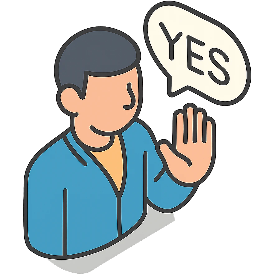 мужчина говорит - yes, и делает жест ладонью в знак согласия emoji