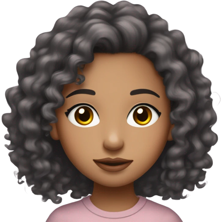 mixed girl with thin chest black long wavy curly hair and brown eyes and has long lashes on and noticeable blush and her lips are pink NOT BROWN and shes wearing a tight grey long sleeve top emoji