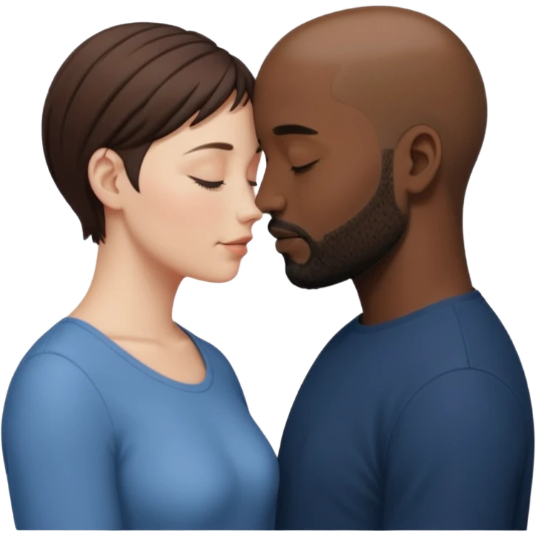 a white woman with short brown hair and a black man with no hair and a beard are facing one each other and their forehead are touching. They close their eyes and their are in love emoji