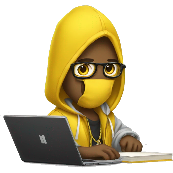 rapper wearing yellow with a mackbook emoji