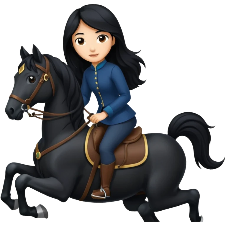 Dark brown asian girl with black horse emoji