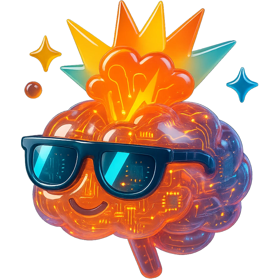 Make the brain look more artificial intelligence inspired, with digital circuit patterns, glowing elements, and a futuristic AI vibe, keep the sunglasses and the top exploding. emoji