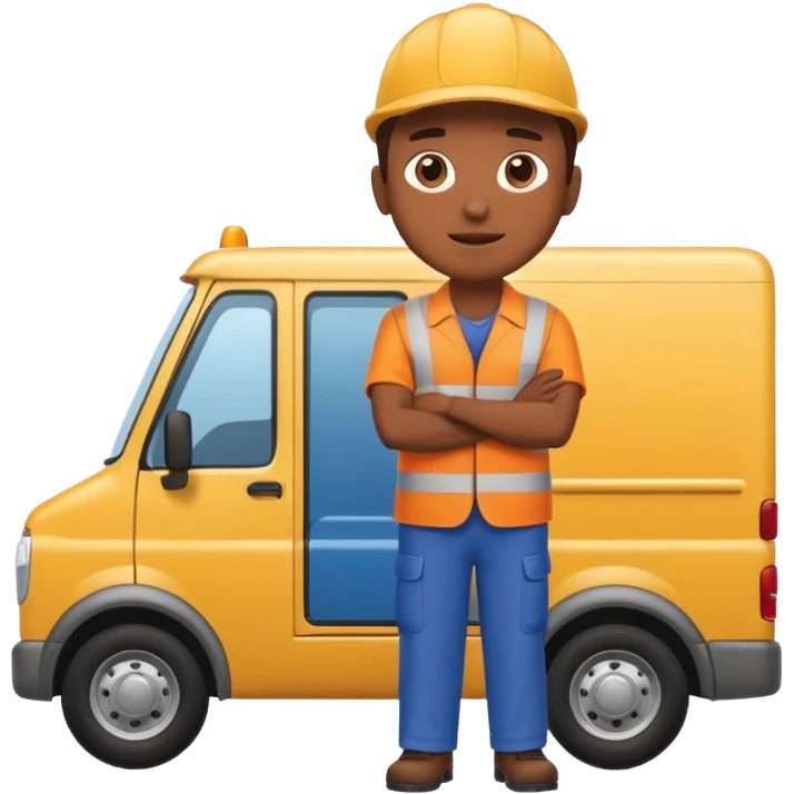 emoji of delivery truck with empty cargo area and a delivery man is standing nearby in waiting pose, dressed in work uniform emoji
