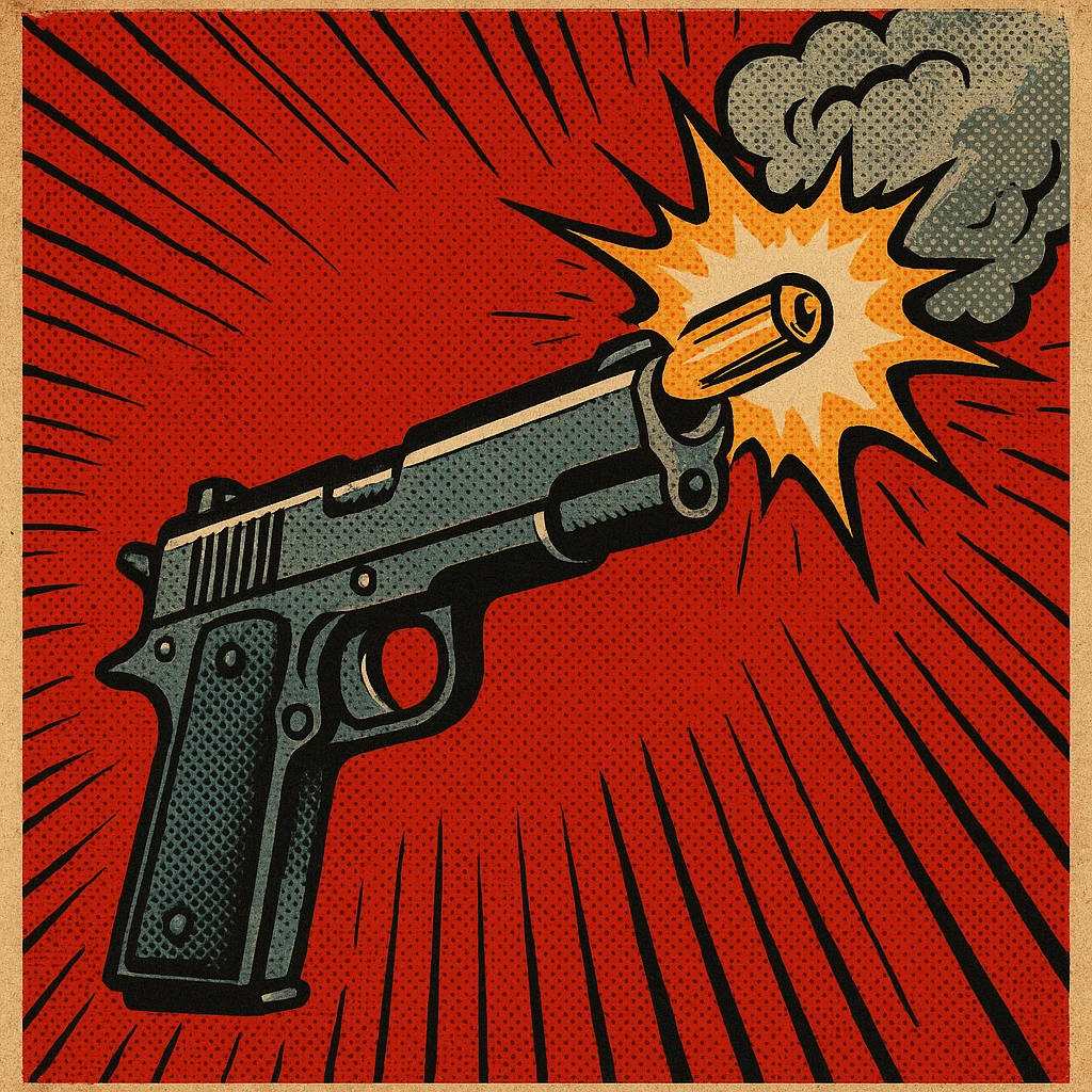 a realistic handgun firing a bullet, with muzzle flash and smoke coming out of the barrel, comic book style emoji