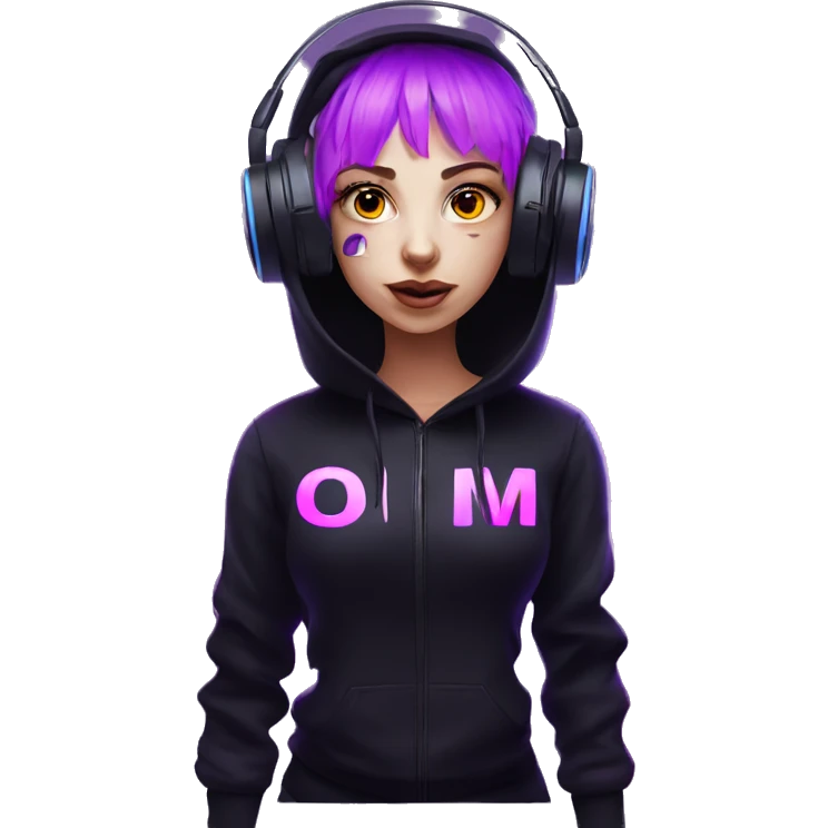 Russian girl wearing black hoody with violet letters "OMG", in vr headset. Cyberpunk style. Violet neon. emoji