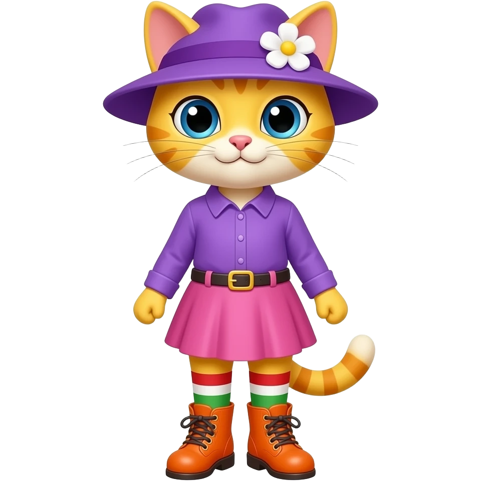 Yellow cat with blonde hair purple hat with white flower  purple long sleeved shirt pink skirt red white green long socks orange boots with yellow buckles emoji