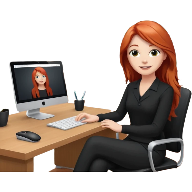 Video call therapy session: red-haired therapist with long hair wearing black minimalist clothing, seated in a professional home office, looking at the webcam; calm, modern teletherapy setting emoji