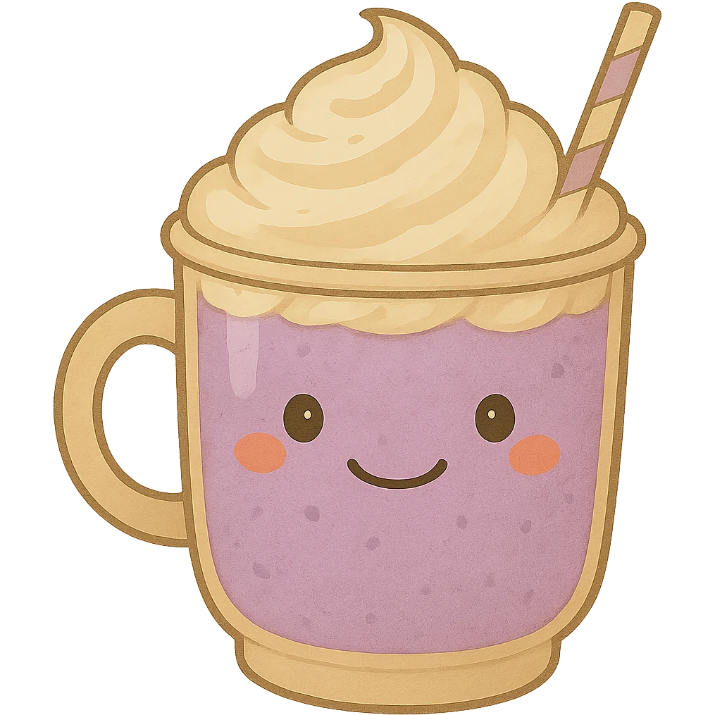 Change the pink mocha with whipped cream and a smiling face to lavender, keep it cute and inviting in Ghibli style, with no background. emoji
