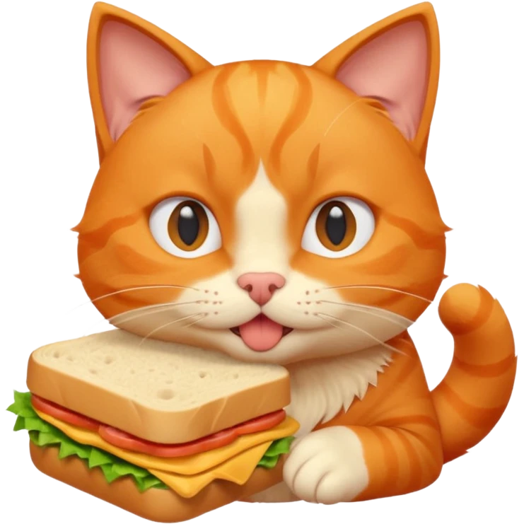 cute orange cat portrait, head and shoulders only, biting a sandwich, funny expression, 3D cartoon, mobile game icon style, clean background, no text, no watermark emoji