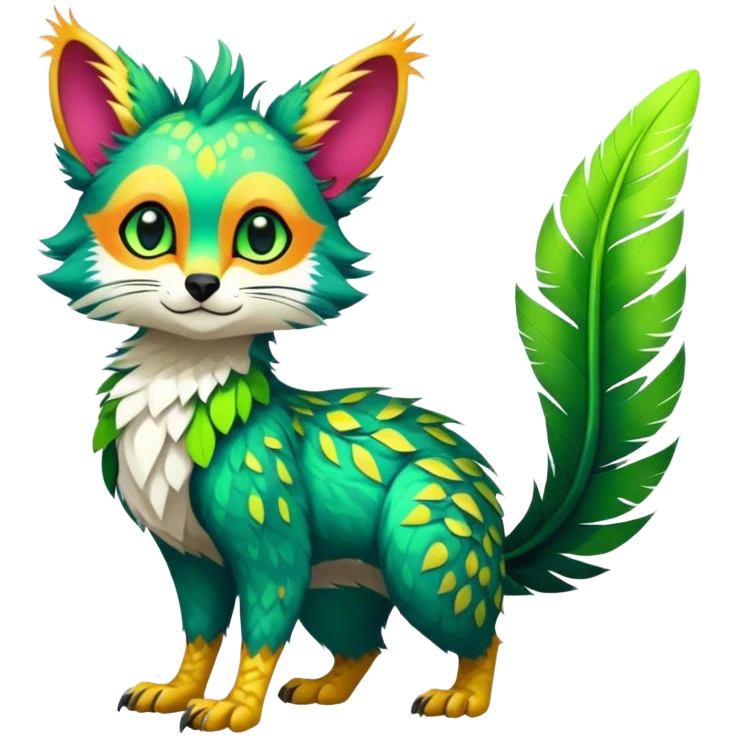 Feral Rare Fantasy vibrant tropical Vernid-Trico-species by LiLaiRa, random markings, tufted tail, tufted ears, full body emoji