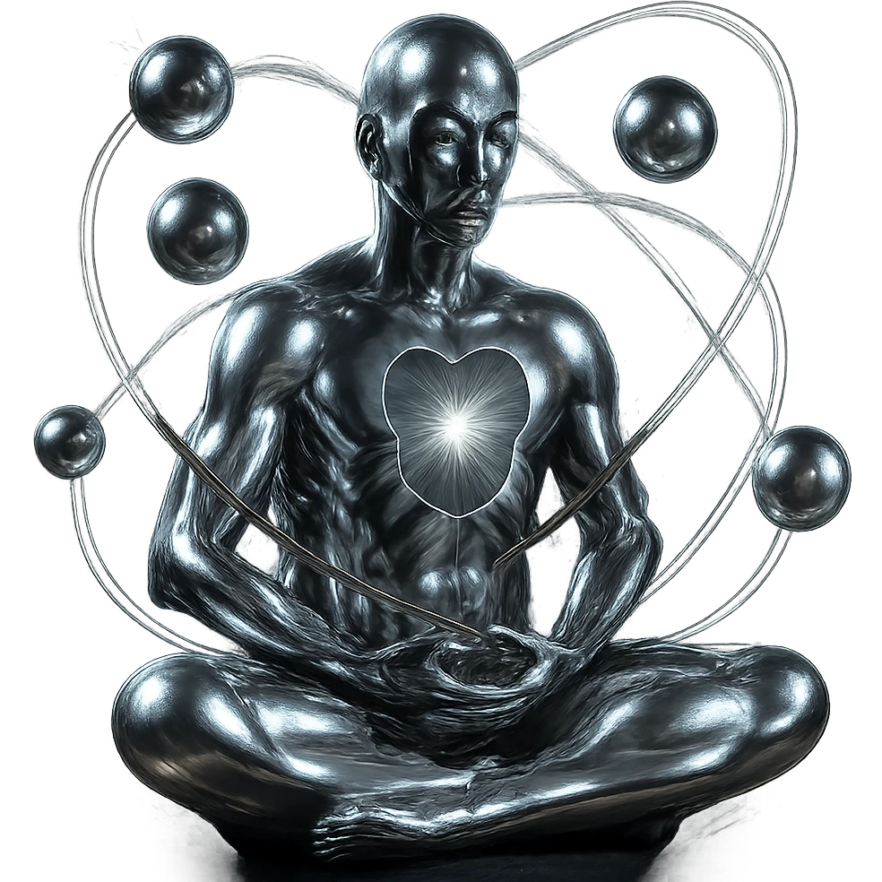 Add a glowing aura around the stylized chrome meditating figure with open chest and spiraling spheres, keep the style futuristic and smooth, no background. emoji