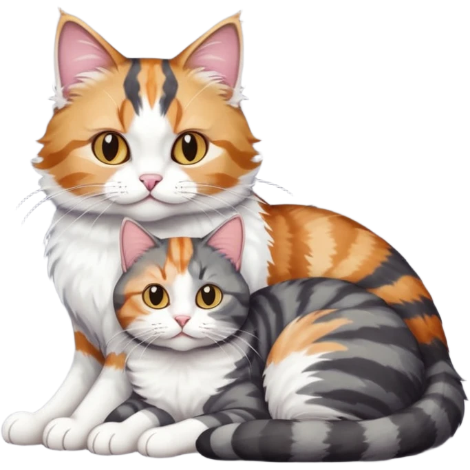 full body colourful light patched calico + white tabby cat cuddling a large dark grey and white tabby cat  emoji