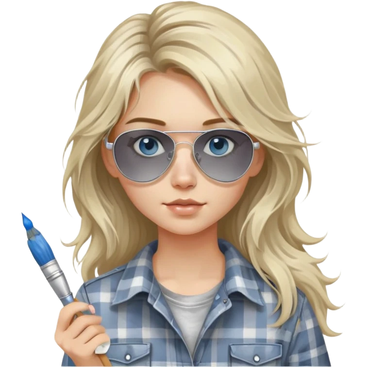 girl with long blond messy hair, "white paint on her face" wearing grey plaid shirt with blue eyes and aviator sunglasses wearing a ring on her silver necklace, holding a paint brush roller emoji