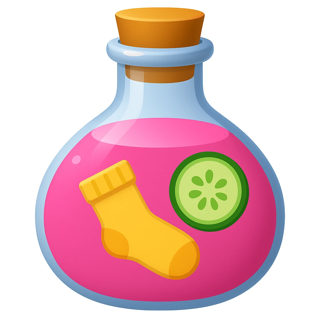 Create a pink potion in the same bottle shape as the reference image, with both a cucumber slice and a sock inside, in emoji style. emoji