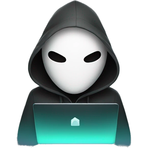 hooded masked man with a laptop and bright glowing white eyes emoji