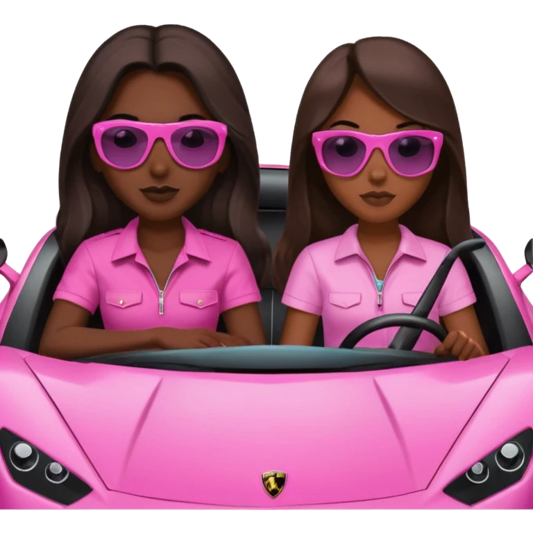 Add sunglasses full car front facing so I can see full car Car facing forward in sports car. Make hair long  two girls in car far away Front of car sitting in the seats. Make it a pink sports car. They are two baddies make it a Lamborghini pink car  emoji