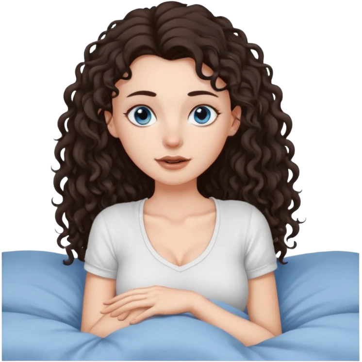 white girl, dark brown long slightly curly hair , skinni but with big breast , septum piercing on nose, beautiful dark gray-blue eyes, showing her foot in bed emoji