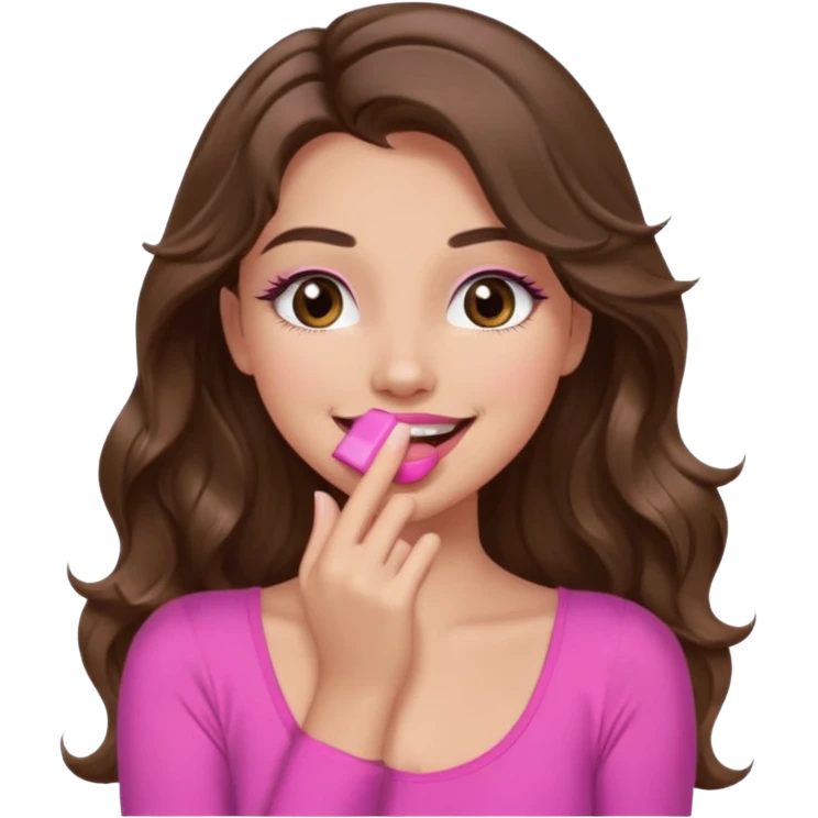 girl with long wavy brown hair, brown eyes, long lashes makeup, pink lips, light to medium complexion, pink sexy top, smiling, hand covering mouth, giggling emoji