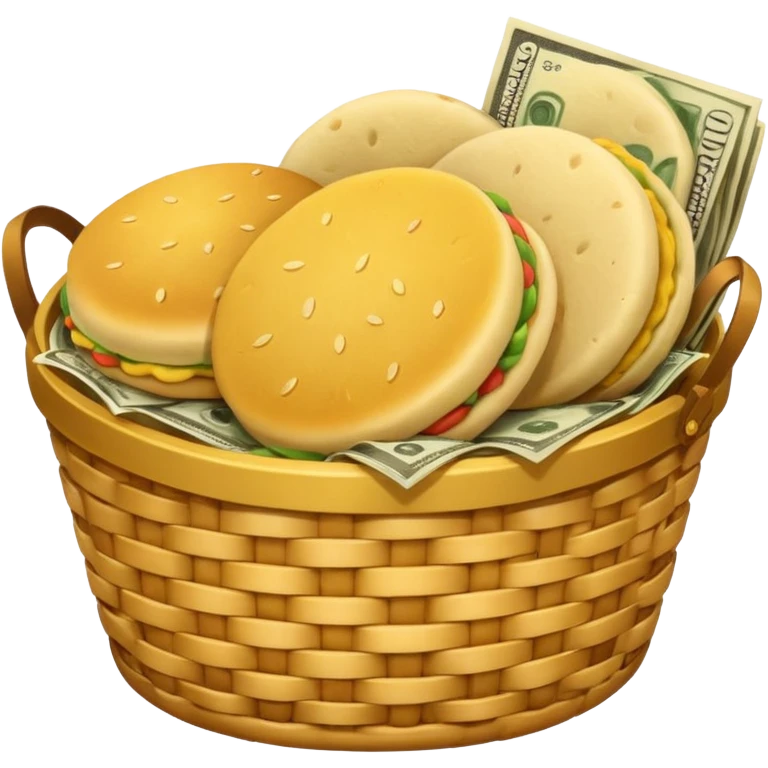 baskets, some overflowing with money, others with colombian arepas emoji
