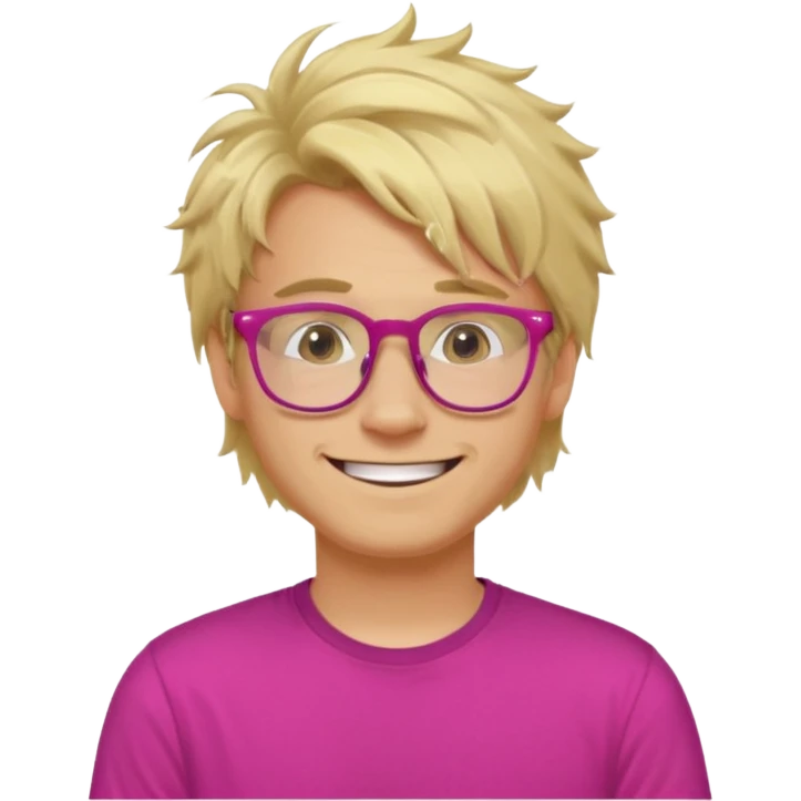 A blond guy with messy hair is smiling. He wear glasses and a fushia T-shirt emoji