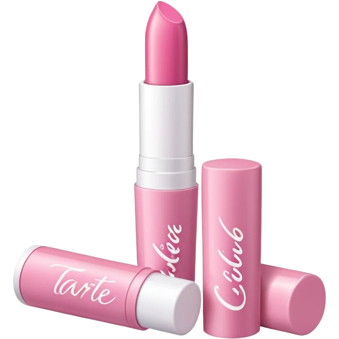The image is of a pink lipstick from the brand Tarte. The lipstick is in a cylindrical tube with a white cap. The tube is made of plastic and has the brand name "Tarte" written in white cursive letters on the front. The cap is also pink and appears to be slightly open. The background is plain white. emoji