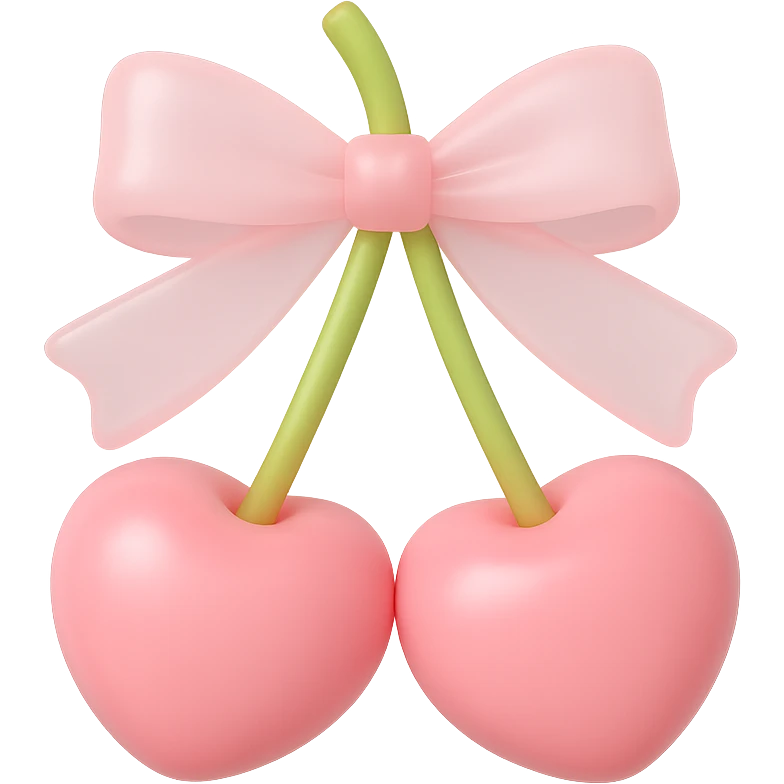 Create a 3D iOS-style illustration of two pink cherries with a pink bow. Use soft pastel colors and make the bow semi-transparent. The background should be removed. emoji