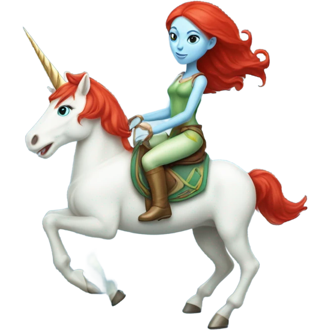 [
	{ a light green Amazon alien woman [ with red hair, with blue eyes]} 
	on a 
	[{ unicorn: white, six-legged, light blue mane}] emoji