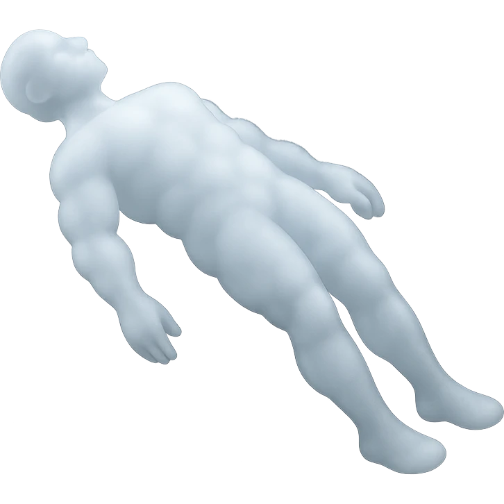 unconscious person side view, body flying upwards, limbs down, made of bright white fluffy clouds, matte glass style emoji